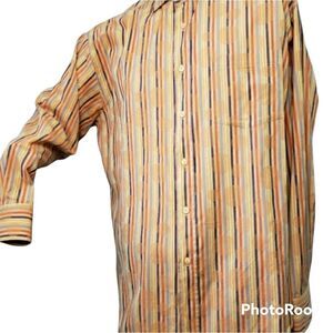 Bugatchi Uomo Striped Flip Cuff Shirt Men's Size Large Orange Yellow Blue
